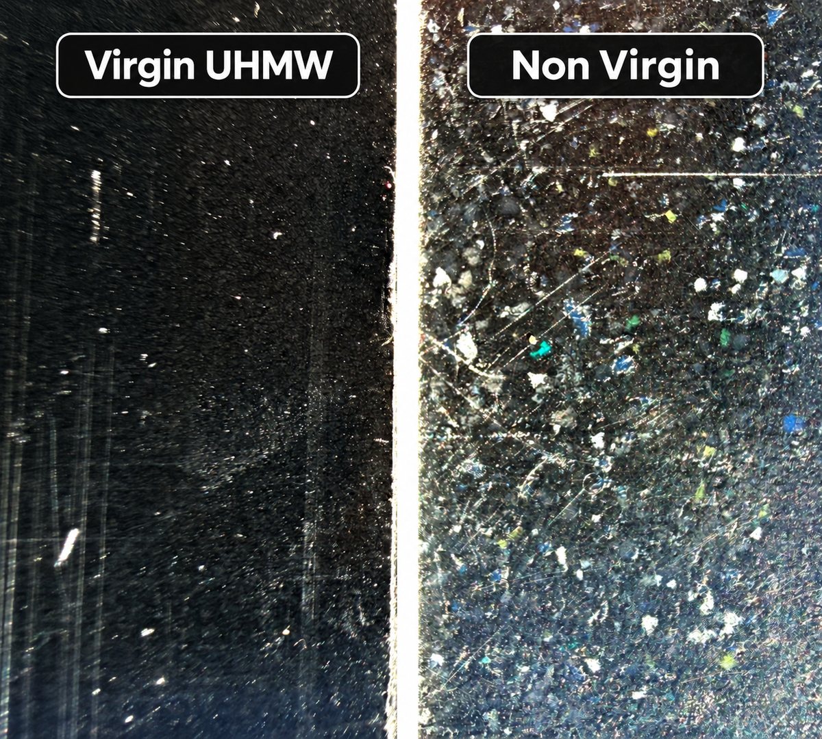Close-up comparison of UHMW sheet: virgin UHMW is a uniform black, non-virgin UHMW is flecked with colored particles of recycled material