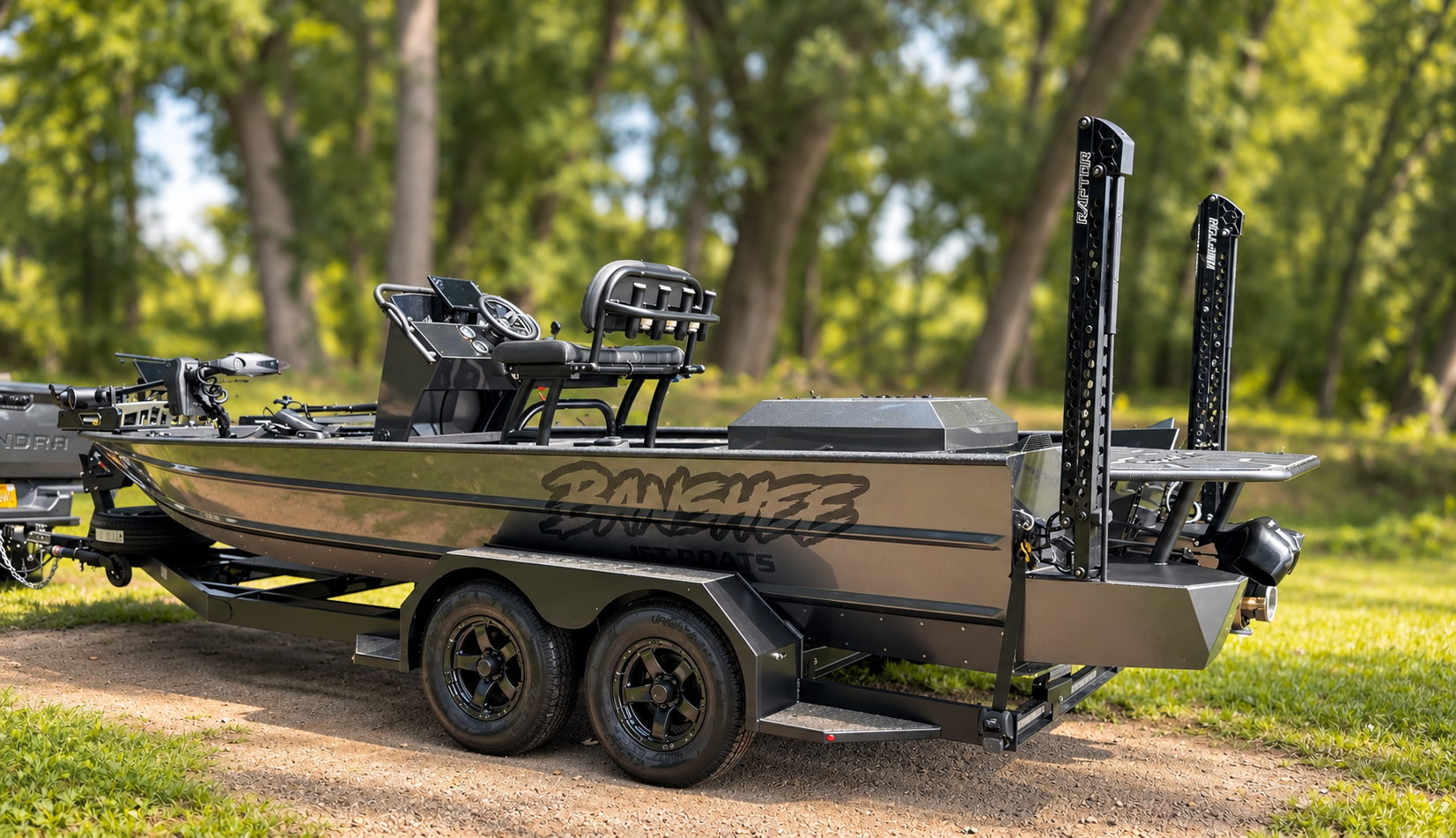 A Banshee SR 72 Inboard Jet in gunmetal grey on its matching trailer