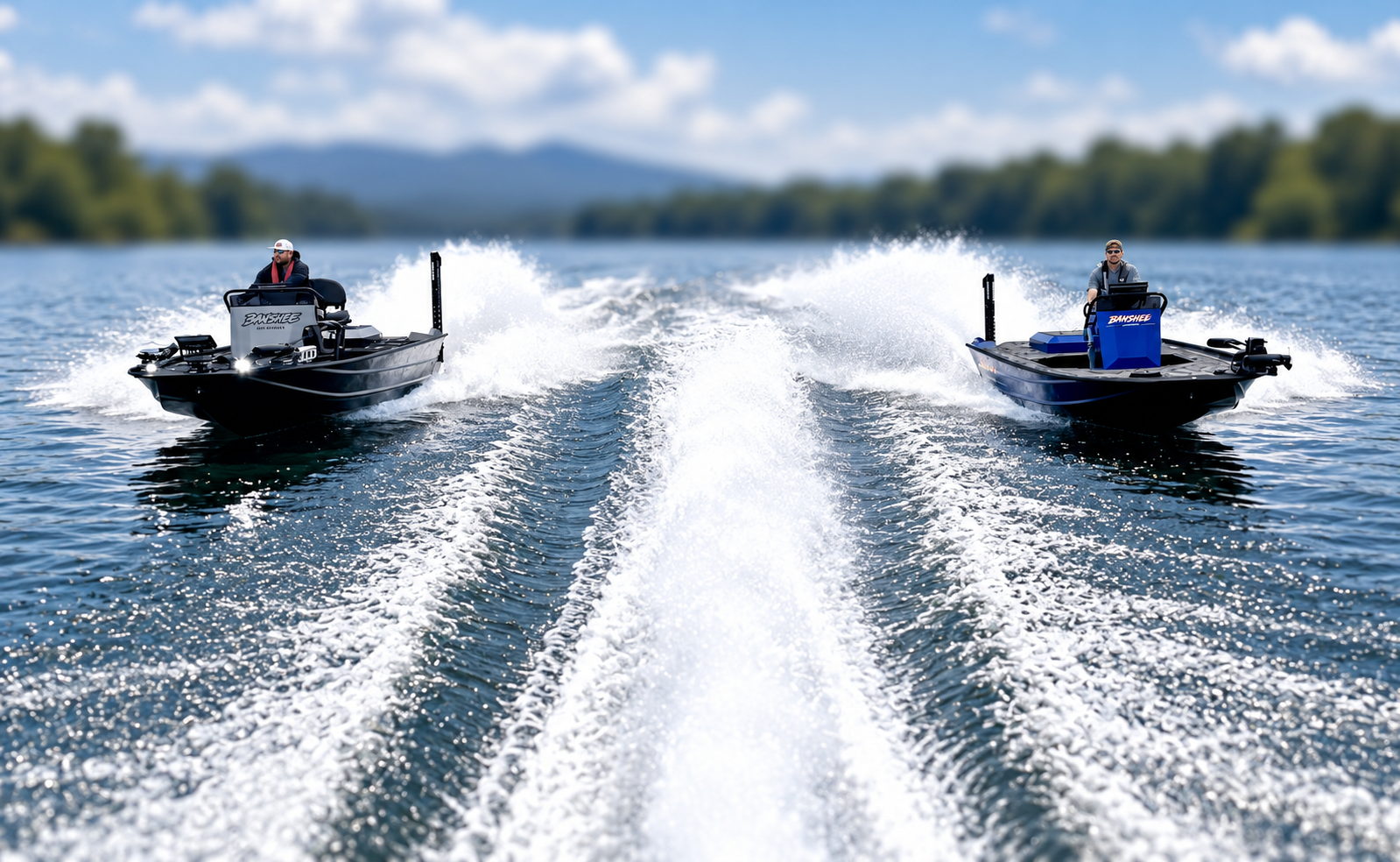 Two Banshees running side by side on the river